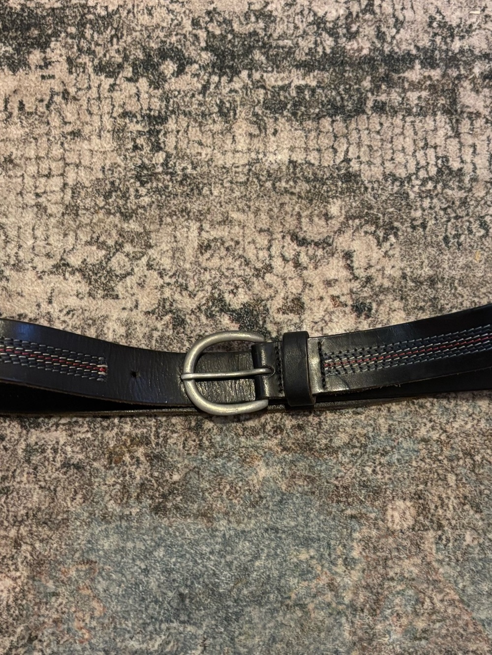 Men's Black Leather Belt with Red Stitching